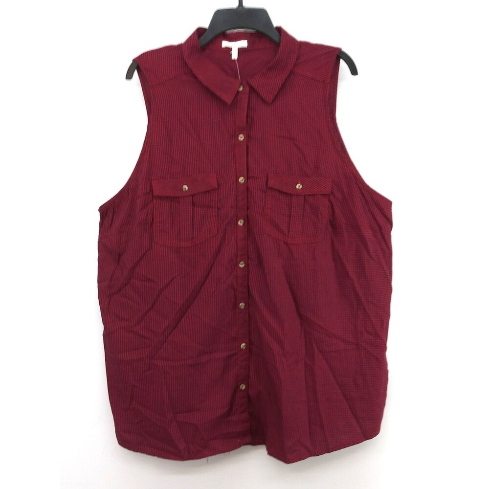 Maurices Sleeveless Button Up Shirt Women 2 Red Navy Houndstooth Pocket Vest Top